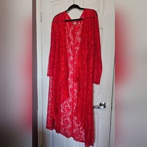 Red Dot Boutique Red Floral Lace Duster Cardigan 3X Sheer Long Kimono